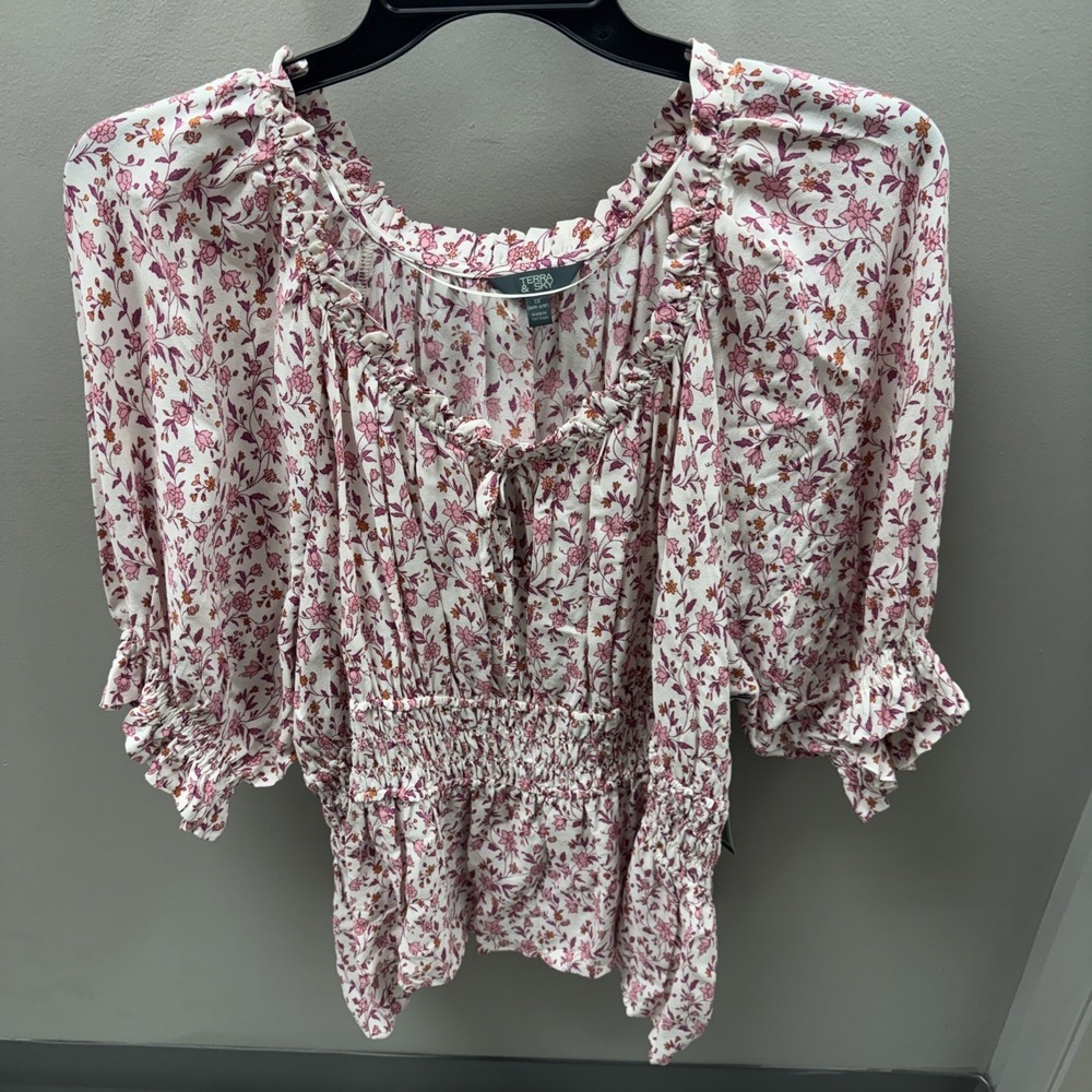 TERRA & SKY WOMENS SMOCKED WAIST Floral BLOUSE 3X NWT